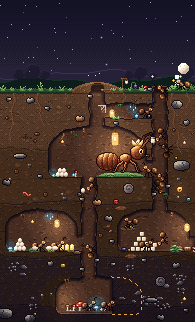 A living ant nest underground: the queen, rooms, lanterns and workers walking the tunnels.