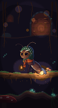 Grandmother Glow: an old firefly with round glasses and a scarf, holding a small lantern.
